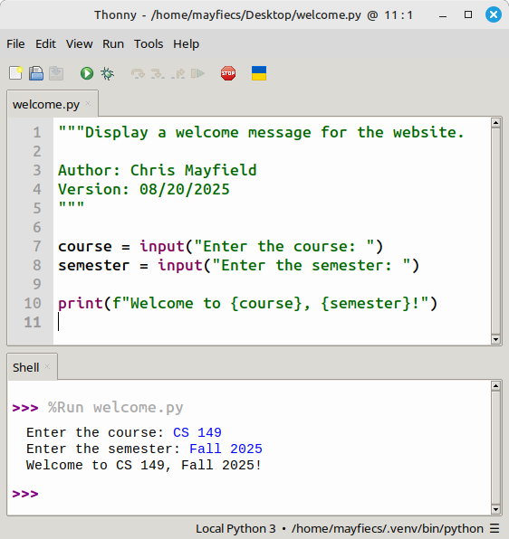 Thonny with code editor and shell open